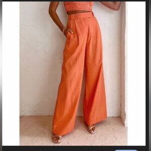 Commense Women's linen Orange Wide Leg Trousers